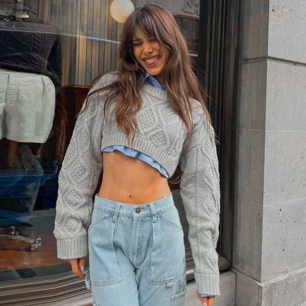 Fashion Round Neck Long Sleeve Cropped Navel Loose Sweater Cropped Top