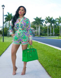 Printed long-sleeved shorts suit knotted shirt European and American fashion women's two-piece suit