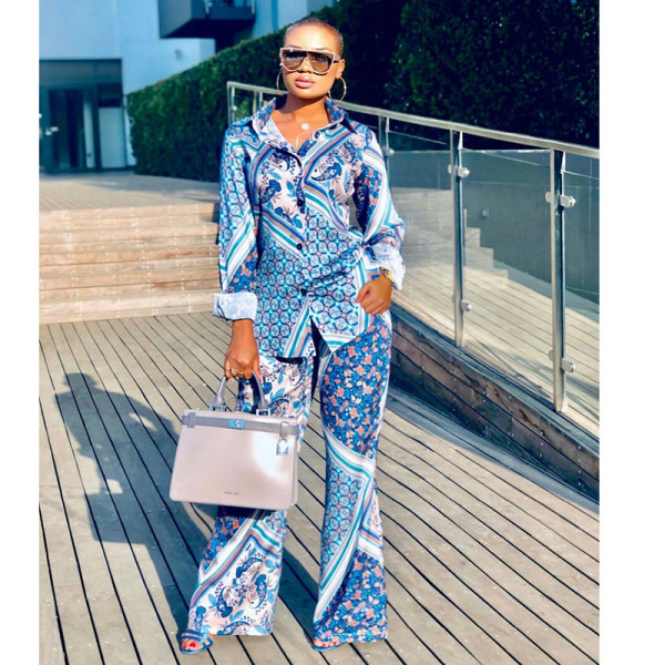 Fashion Long Blue Printed Shirt Wide Leg Pants Two Piece Set
