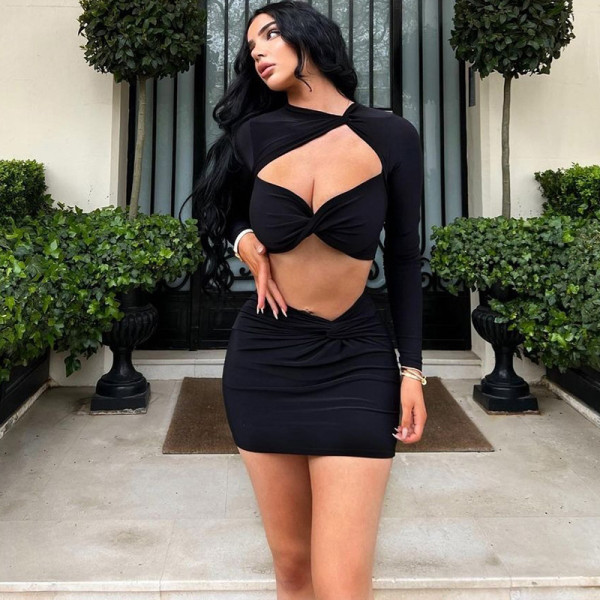 Fashion Sexy Cutout Long Sleeve Top Slim Skirt Set