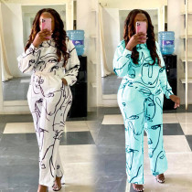 Long Sleeve Face Print Pants Suit Loose Casual Suit