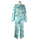 Long Sleeve Face Print Pants Suit Loose Casual Suit