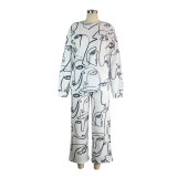 Long Sleeve Face Print Pants Suit Loose Casual Suit