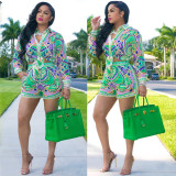Printed long-sleeved shorts suit knotted shirt European and American fashion women's two-piece suit