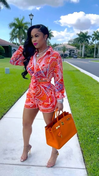 Printed long-sleeved shorts suit knotted shirt European and American fashion women's two-piece suit