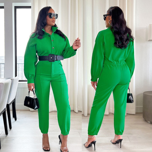Solid Color Fashion Button Cargo Pants Casual Lapel Jumpsuit