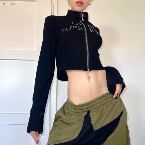 Long-sleeved hot drill high-neck all-match zipper sweater sexy hot girl crop top