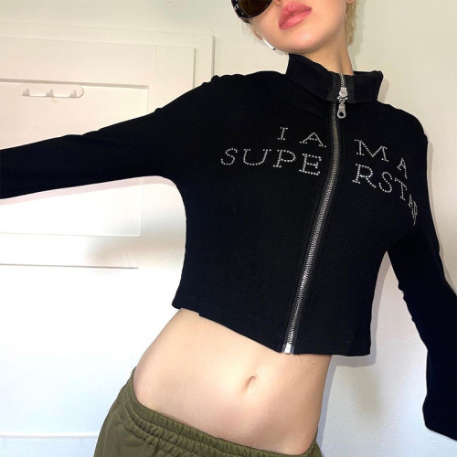 Long-sleeved hot drill high-neck all-match zipper sweater sexy hot girl crop top