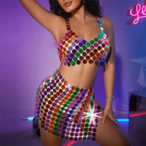 Sexy Nightclub Acrylic Patchwork Sequin Vest Top Skirt Set Sexy Nightclub Acrylic Patchwork Sequin Vest Top Skirt Set
