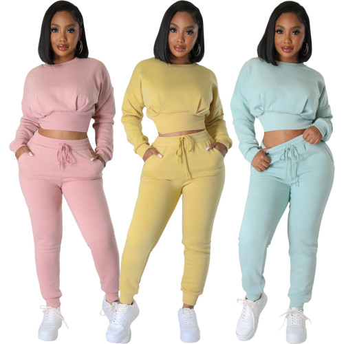 Threaded fleece sweatshirt casual sports two-piece set  L348