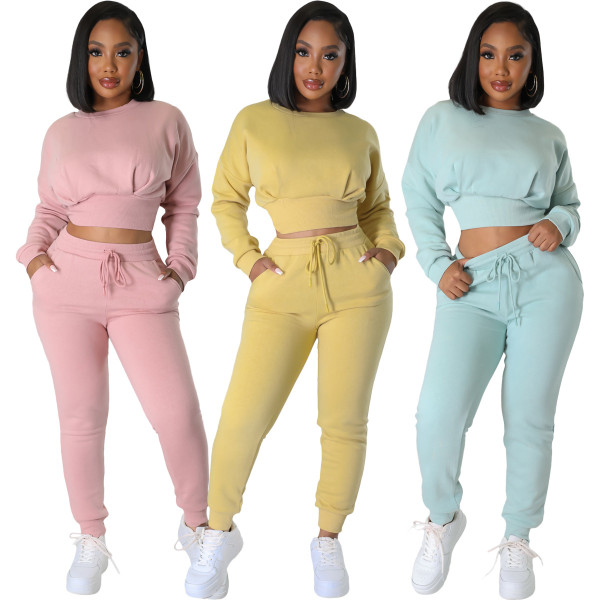 Threaded fleece sweatshirt casual sports two-piece set  L348