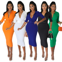 Long Sleeve Lapel High Waist Skinny Sexy Dress  M7662