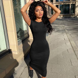 Fashion Round Neck Short Sleeve Hip Slim Dress  D155230A