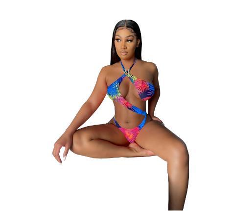 Womens summer beach halter neck sexy one-piece swimsuit digital print one-piece YF8202