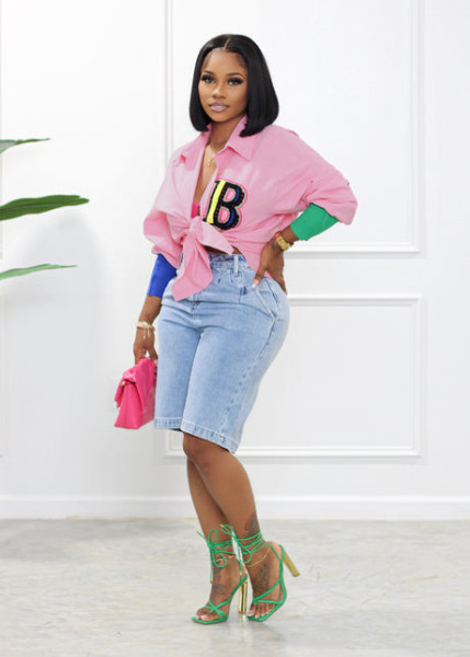 Cuff Stitching Letter Embroidery Shirt Top  BX6116