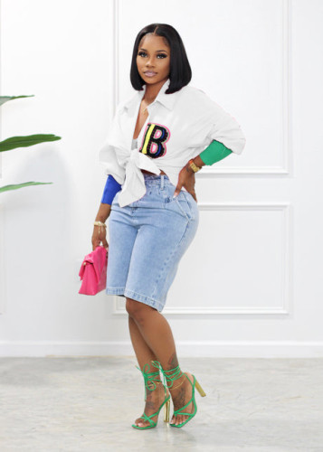 Cuff Stitching Letter Embroidery Shirt Top  BX6116