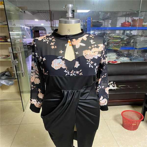 Temperament commuter print high-end youth black one-step skirt dress