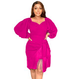 Dress Temperament tight-fitting lantern long-sleeved fringed pleated slit bag hip skirt