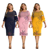 Street Hipster Sequin Flare Sleeve Crew Neck Dress