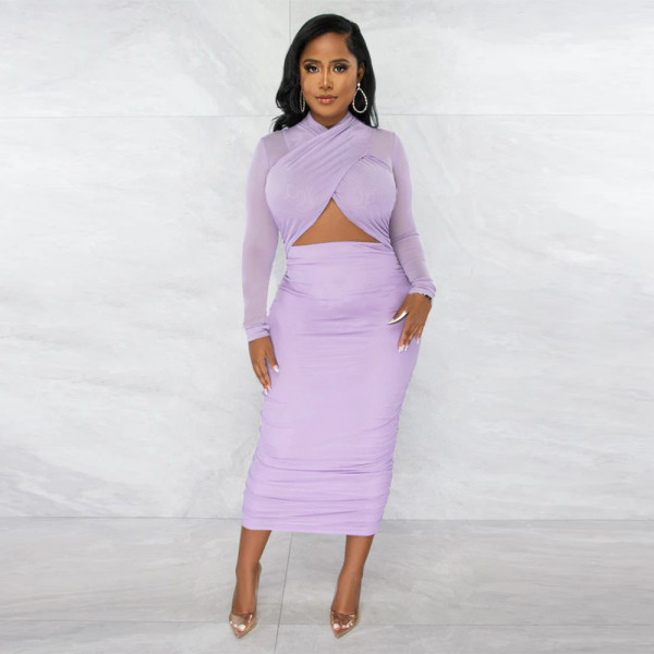Solid Color Patchwork Pencil Skirt Women's Irregular Dress