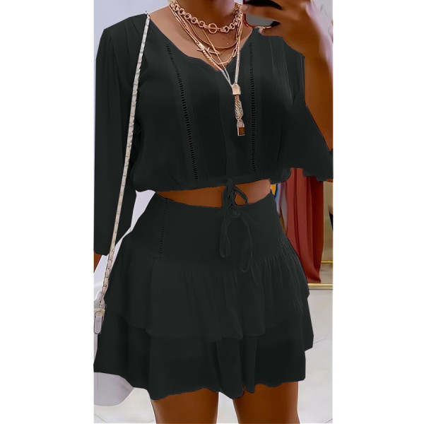 Fashionable casual V-neck pleated two-piece dress