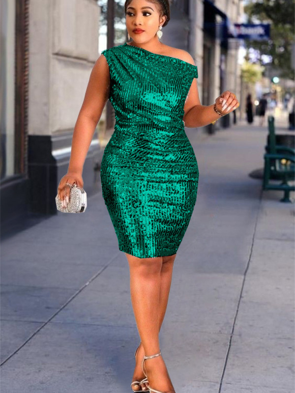 Plus Size Sexy One Shoulder Sleeveless Sequin Dress Banquet Evening Dress