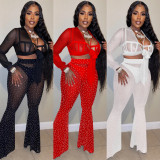 Nightclub hot drill mesh see-through bandage long-sleeved trousers three-piece set