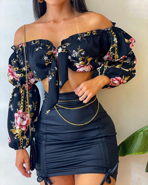 One-Shoulder Tie Top Gathered Skirt Set