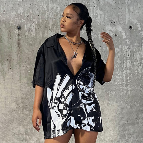 Fashion Print POLO Collar Cardigan Top T-Shirt Women