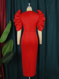 Plus Size S-4XL Cutout Round Neck Solid Pleated High Waist Slim Fit Banquet Party Pencil Skirt Dress