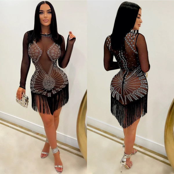 Fashion nightclub ironing drill mesh see-through long-sleeved short skirt dress