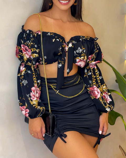 One-Shoulder Tie Top Gathered Skirt Set