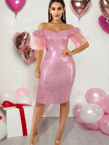 Sexy Tube Top Off Shoulder Collar Lotus Leaf Short Sleeve Pink Sequin Dress Slim Dress Large Size Women's Clothing