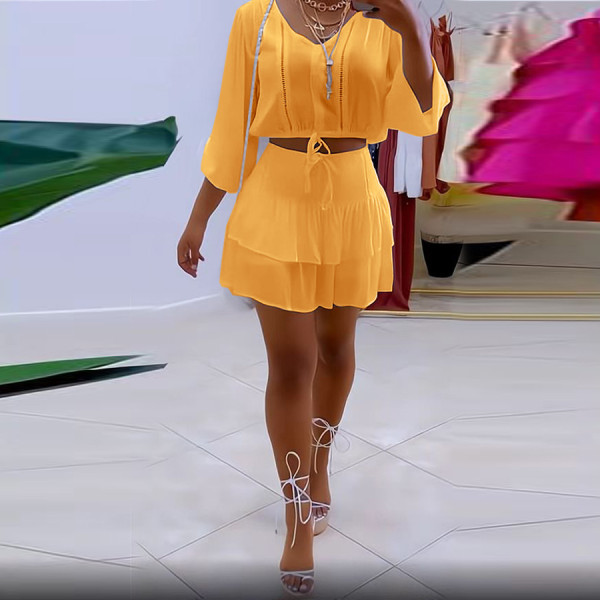 Fashionable casual V-neck pleated two-piece dress
