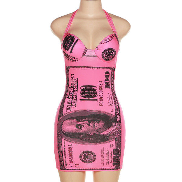 Dollar Print Fashion Halter Neck Backless Slim Pack Hip Dress