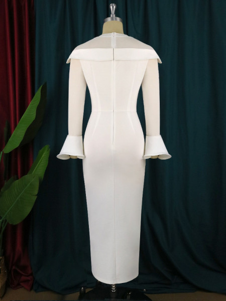 Perspective V Neck Long Sleeve Flare High Waist Slit Cocktail Party Banquet Evening Dress
