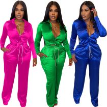 Stylish Stretch Satin Lace-Up Casual Two-Piece Set