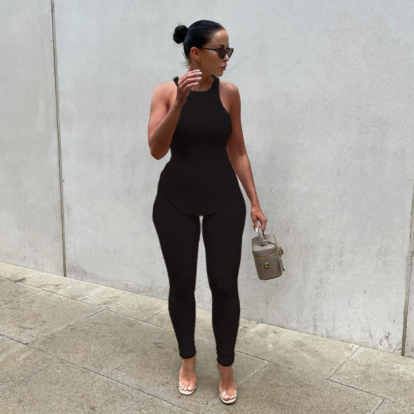 Fashion women's autumn new solid color round neck sleeveless vest trousers sports casual suit