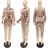 Ripple Print Long Sleeve Shirt Casual Pants Set