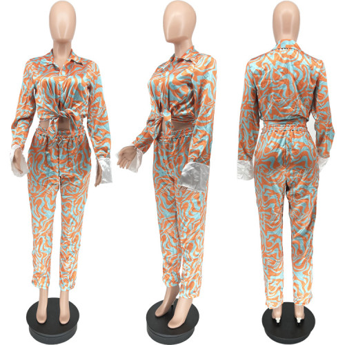 Ripple Print Long Sleeve Shirt Casual Pants Set
