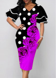 New Layered Flared Sleeve Printed V-Neck Elegant Dress