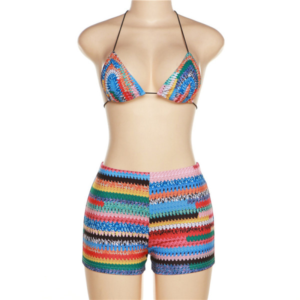 Sexy Low Cut Halter Slim Bikini Print Hip Shorts Set