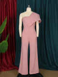 Design niche sexy one-shoulder ruffled pink wrap-chest party dress plus size women's jumpsuit