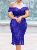 Sexy Tube Top V-Neck See-Through Sequin High Waist Pack Hip Banquet Fringe Dress