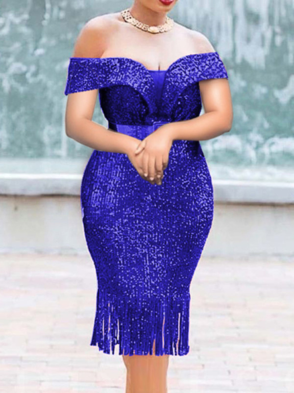 Sexy Tube Top V-Neck See-Through Sequin High Waist Pack Hip Banquet Fringe Dress