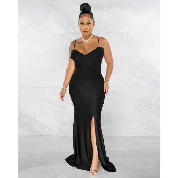 Fashion women's suspenders pleated wrap chest solid color dress dress