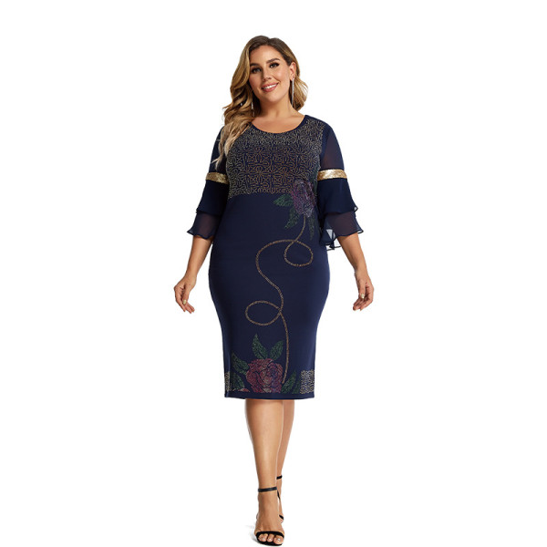 Street Hipster Sequin Flare Sleeve Crew Neck Dress