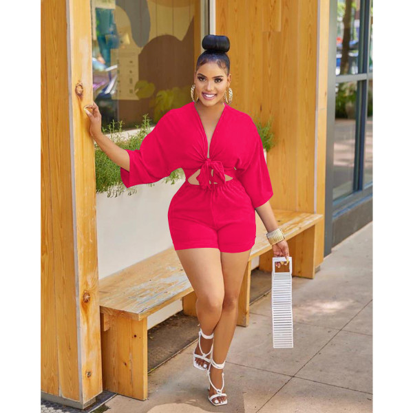 Fashion Women's Solid Color Shorts Mid Sleeve Faux Shirt Jumpsuit