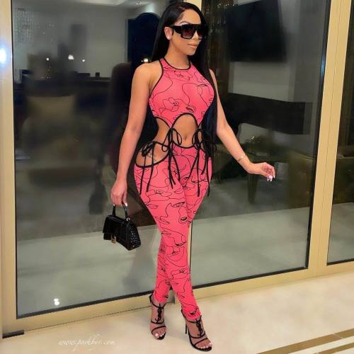 Fashion Casual Ladies Print Cutout Tie Jumpsuit