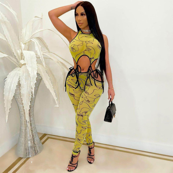 Fashion Casual Ladies Print Cutout Tie Jumpsuit